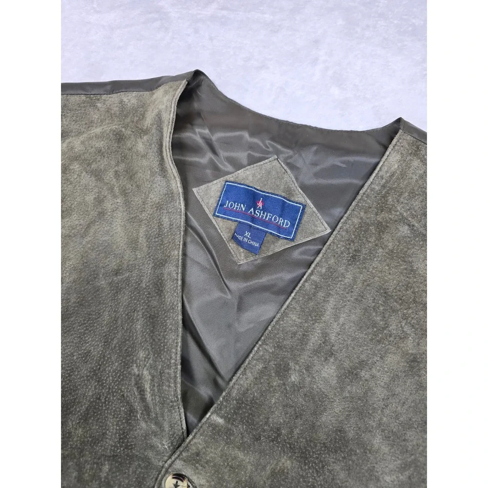 John Ashford Suede Leather Vest Mens XL Olive Green Button Front Cinch Back‎